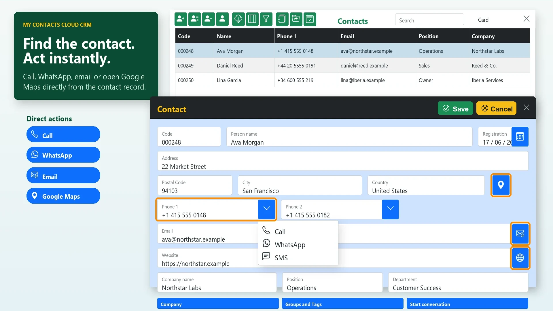 Direct action buttons for call, WhatsApp, email and Google Maps inside a My Contacts Cloud CRM contact record
