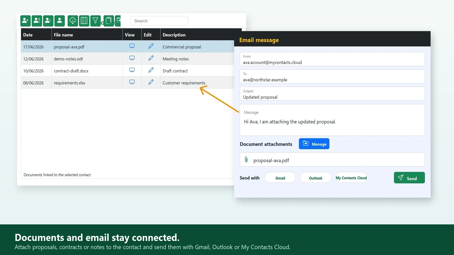 Documents and email connected inside My Contacts Cloud CRM